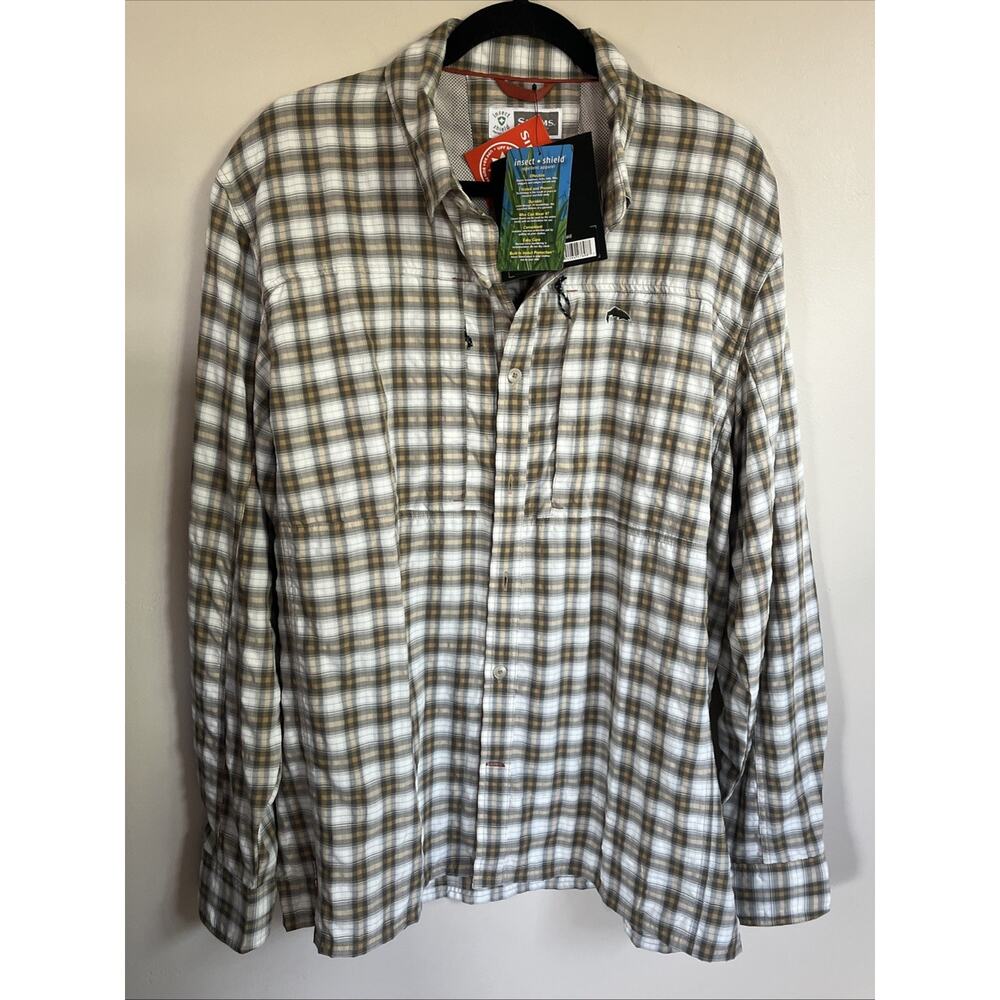 Simms Shirt Mens Large Bugstopper LS Cork Plaid Performance UPF50 Quick Dry Fish
